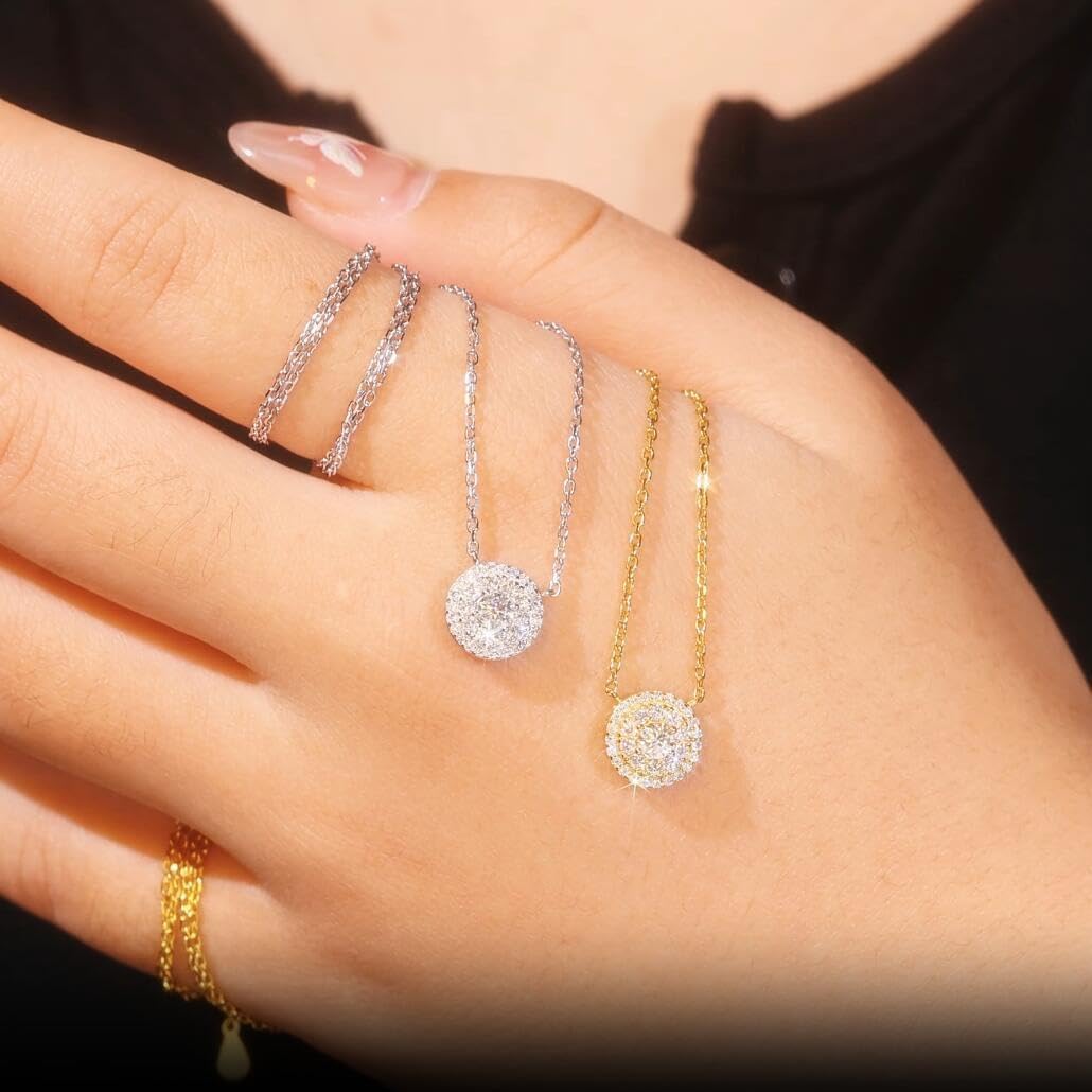 Round Bubble Necklace Halo Moissanite Necklace Dainty Diamond Pendant Sterling Silver 18K Gold Plated - Image 5