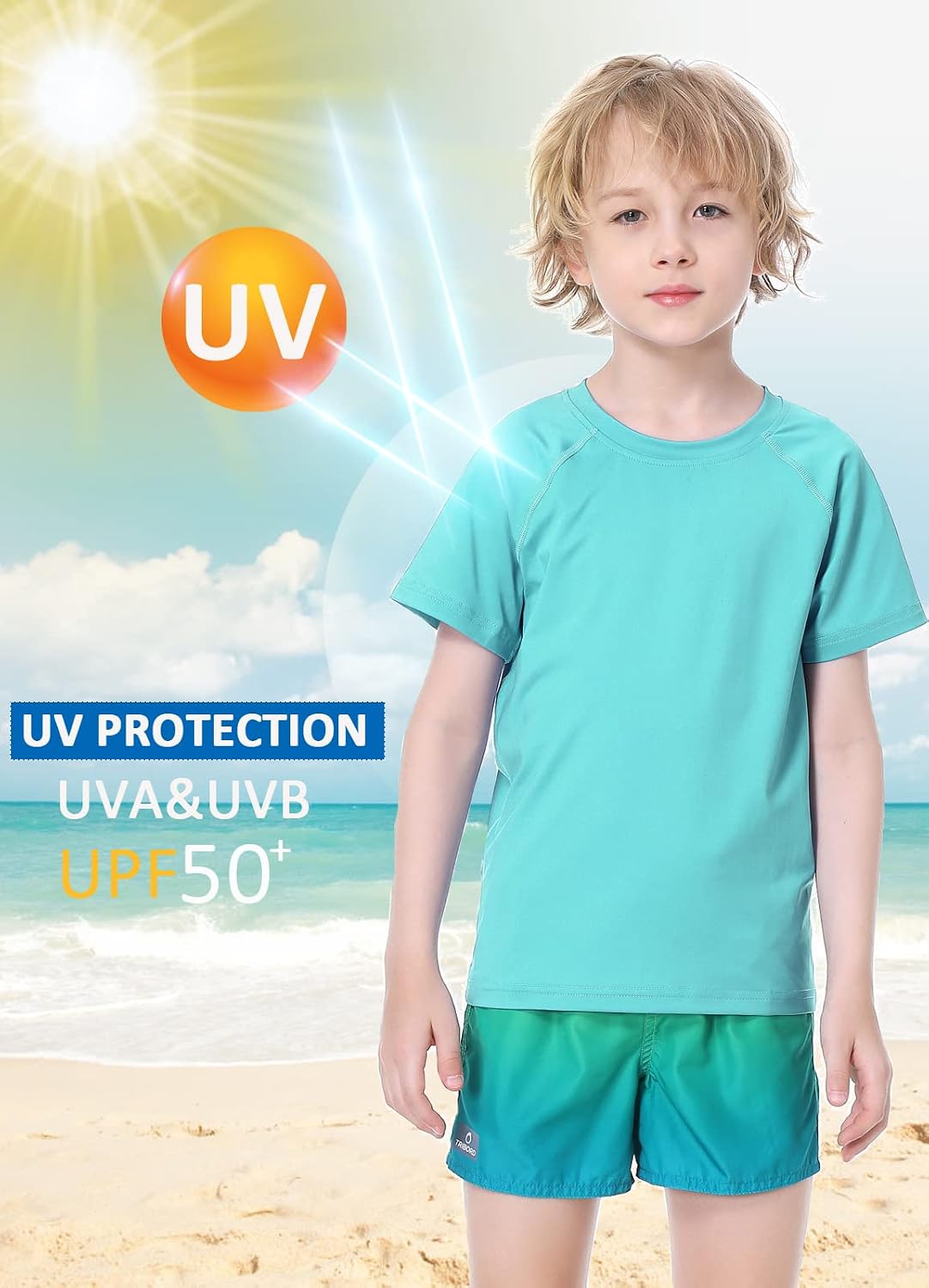 EXARUS Youth Boys Rash Guard Swim Shirts Short Sleeve Sun Shirts Lightweight Quick Dry UPF 50+ with Back Zip Pocket