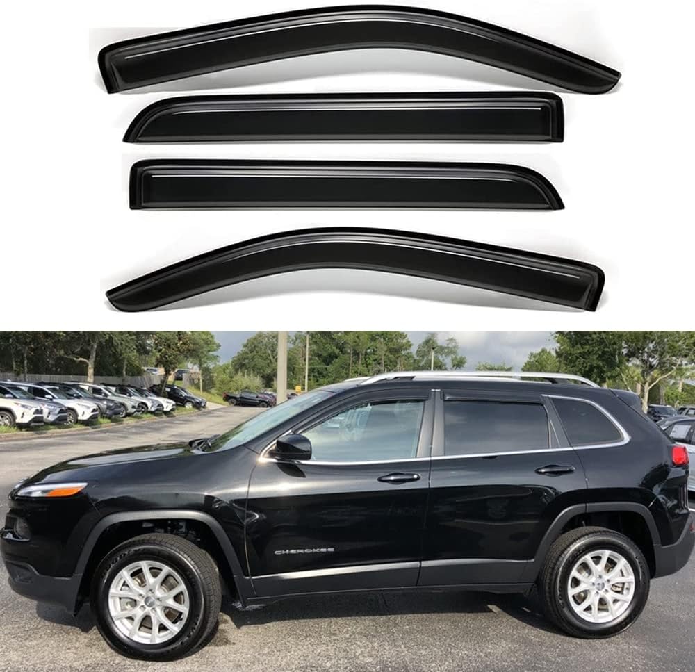 94981 Side Window Visor Vent Deflector Rain Guard,Outside Mount Tape-on Shatterproof Dark Smoke,4pc Window Shades fit for 2014-2022 Jeep Cherokee