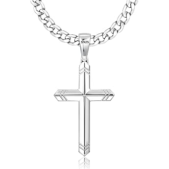 FIOROYAL 925 Sterling Silver Cross Chain Men's Necklace for Men and Women 5 mm Robust Stainless Steel Cuban Chain with Diamond Cut Silver Cross Pendant Length 16-30 Inches