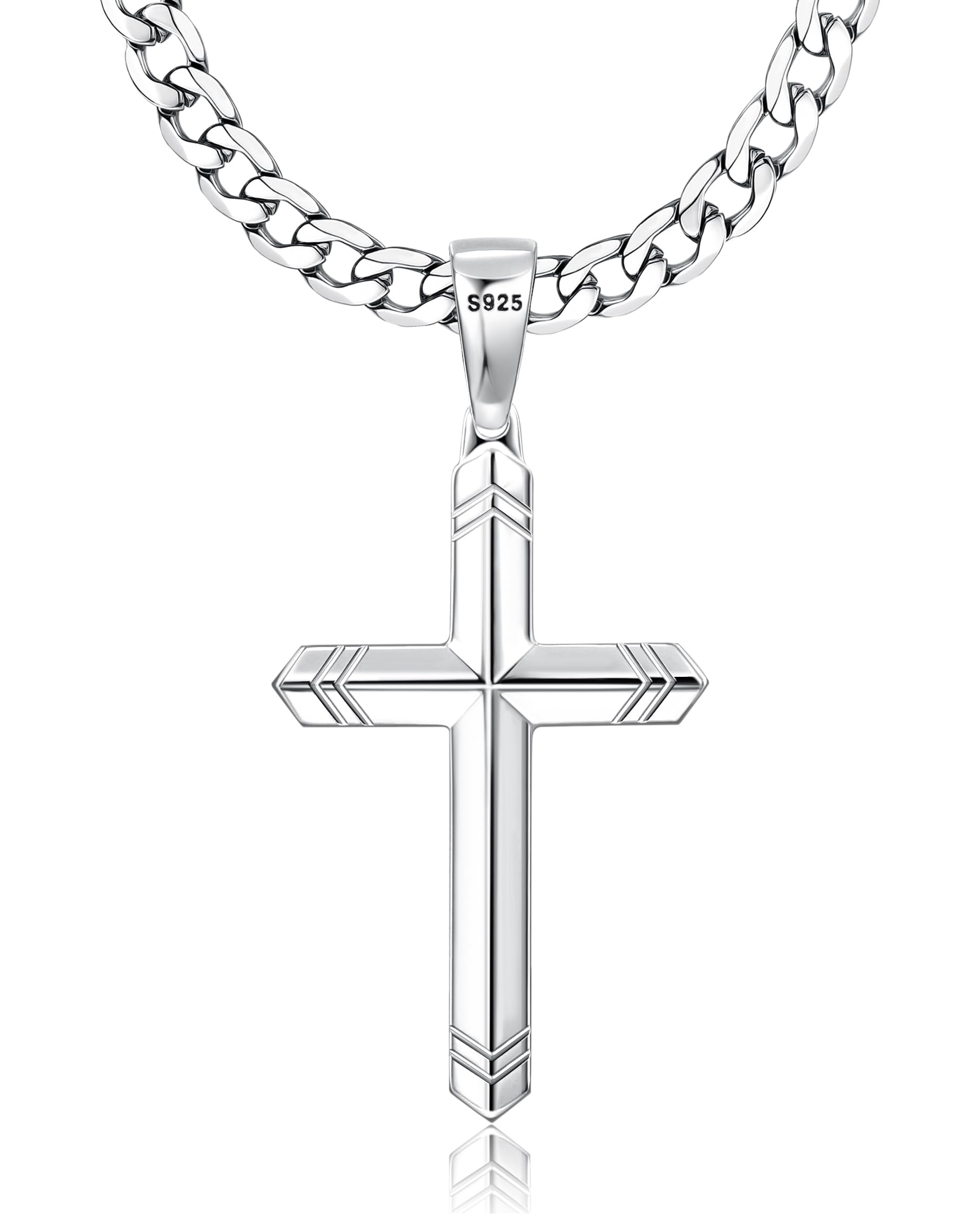 Besteel925 Sterling Silver Cross Necklace for Men Women, 5MM Durable Stainless Steel Non Tarnish Cuban Link Curb Chain with Silver Cross Pendant, Mens Cross Crucifix Necklaces Jewelry 16-30 InchesRecycled Claim Standard 100