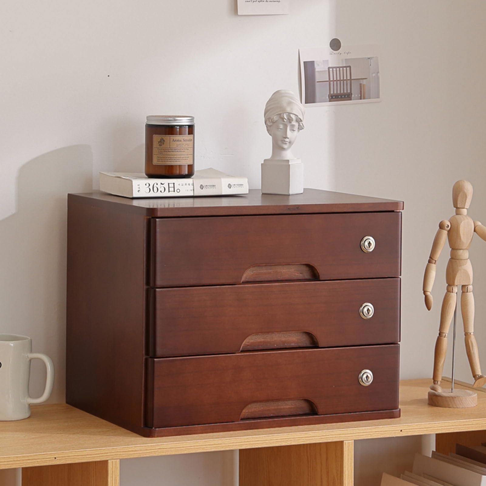MYUYEE Wooden Desktop File Cabinet With Lockable Drawers A4 Receipt File 1/2/3/4 Tier Desktop Storage Box With Lock (A-3 Drawer)