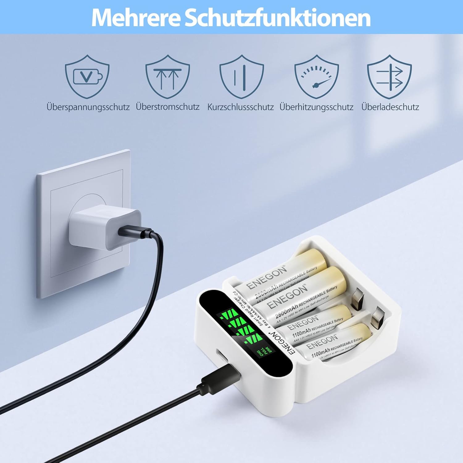 ENEGON charger connected to wall adapter, showing icons for multiple protection features