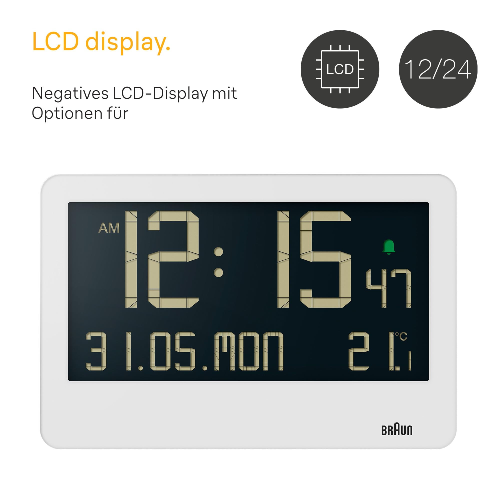 Braun Digitale Wanduhr mit Innentemperatur, Datum, Wochentag, großem umgekehrtem LCD-Display, Schnelleinstellung, Piepton-Alarm in Weiß, Modell BC14W.