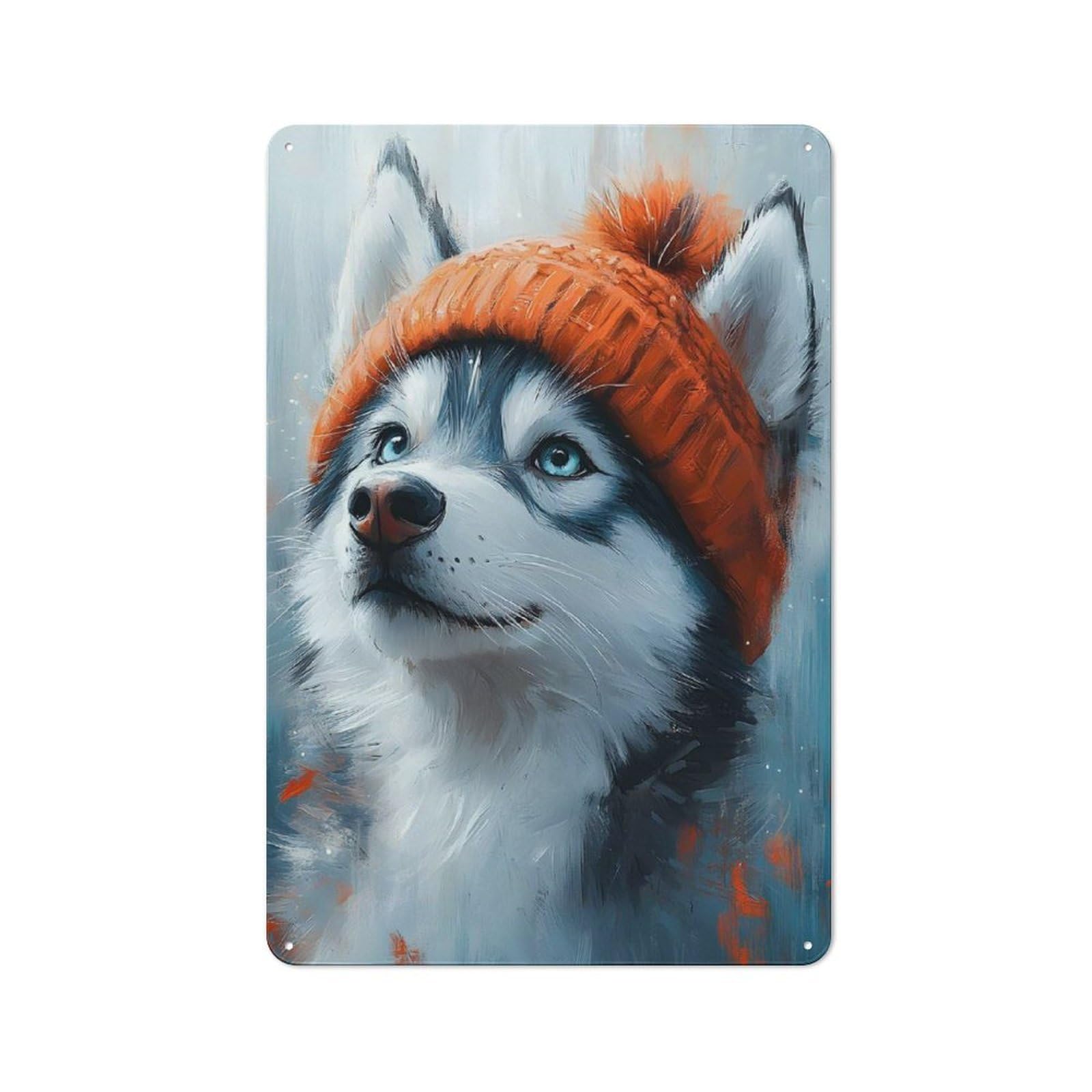 Junmoney Husky In A Red Beanie Tin Wall Plaque 30X20cm With For Living Room Or Hallway, A Decorative Christmas Gift For Hallway Decor Fans