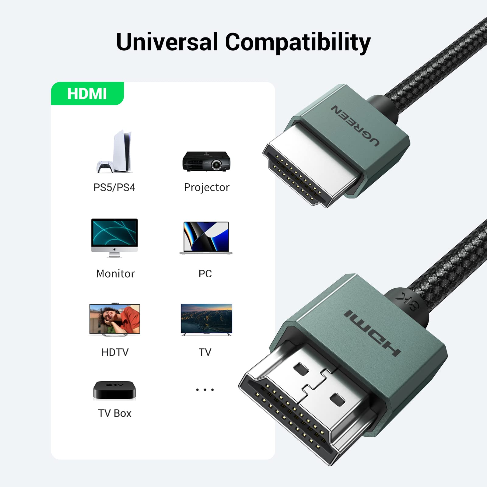 UGREEN 8K Elastyczny i smukły kabel HDMI, kabel HDMI 2.1 10K 8K 60Hz 4K 120Hz DynamicHDR, HDCP, eARC, Wysoka prędkość 48 Gb/s Aluminium Kompatybilny z PS5/PS4, Xbox Series X/S/HDTV (2M)