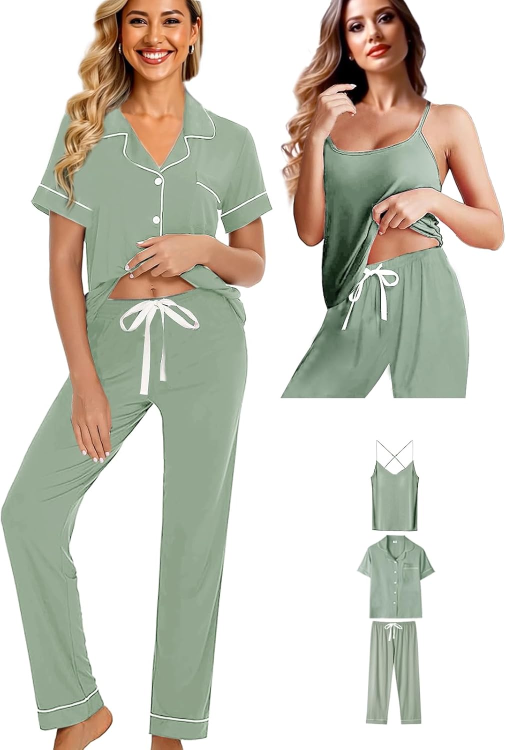 Womens 3Pcs Soft Pajama Sets Sexy Camisole Lingerie XS-4XL Knit Pajamas Set Sleepwear Pjs Nightwear Lounge Sets