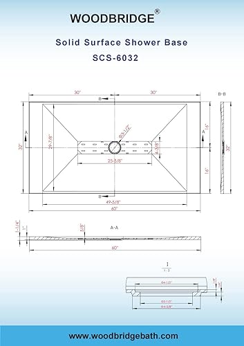 Miniatura 6 de WOODBRIDGE Base de ducha de drenaje de extremo de umbral cero de 60 pulgadas de largo x 32 pulgadas de ancho con colocación de drenaje central,