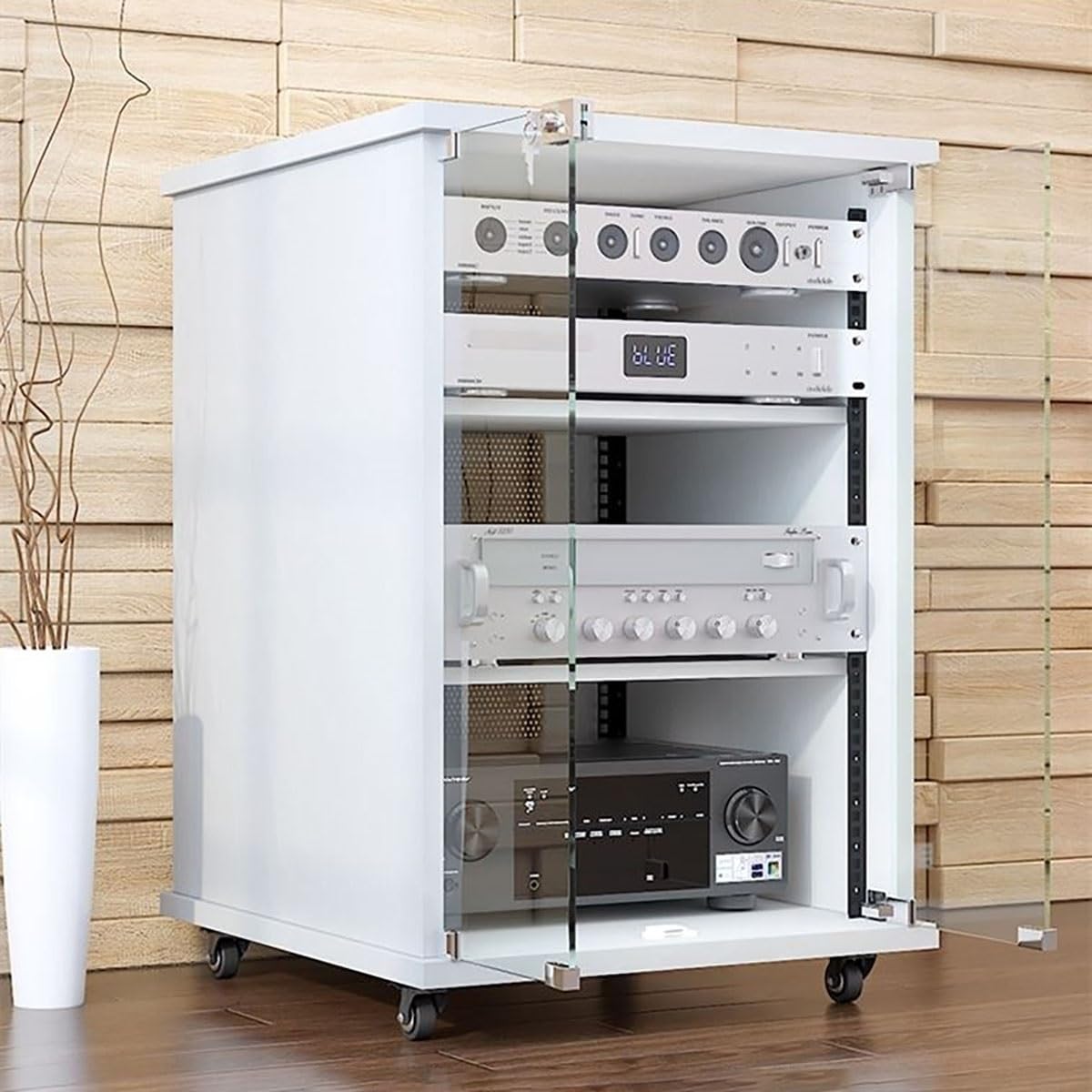 Rack Audio Mobile Con Ruote Universali, Mobiletto Rack Per Stereo, Mobile Per Stereo Hifi Chiuso, Mobile Hifi Legno, Mobile Hifi Con Ruote Adatto Per Lettori DVD/Console Di Gioco/Accessori TV(Black,H8