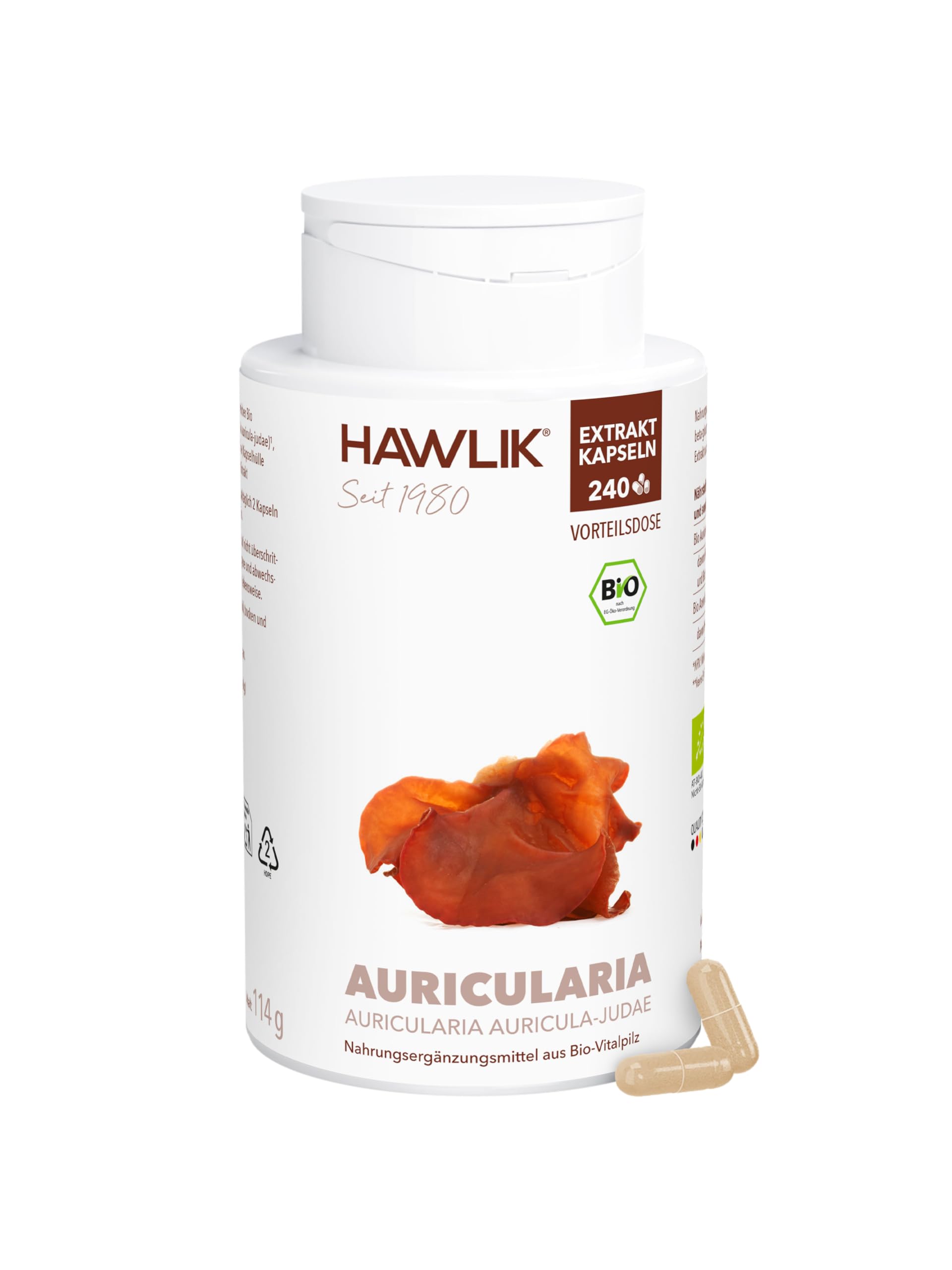 HAWLIK Vitalpilze Auricularia Extrakt Kapseln - 240 Kapseln - Mit Vitamin C - Natürlicher Anbau - Vegan - Zuckerrohr-Dose