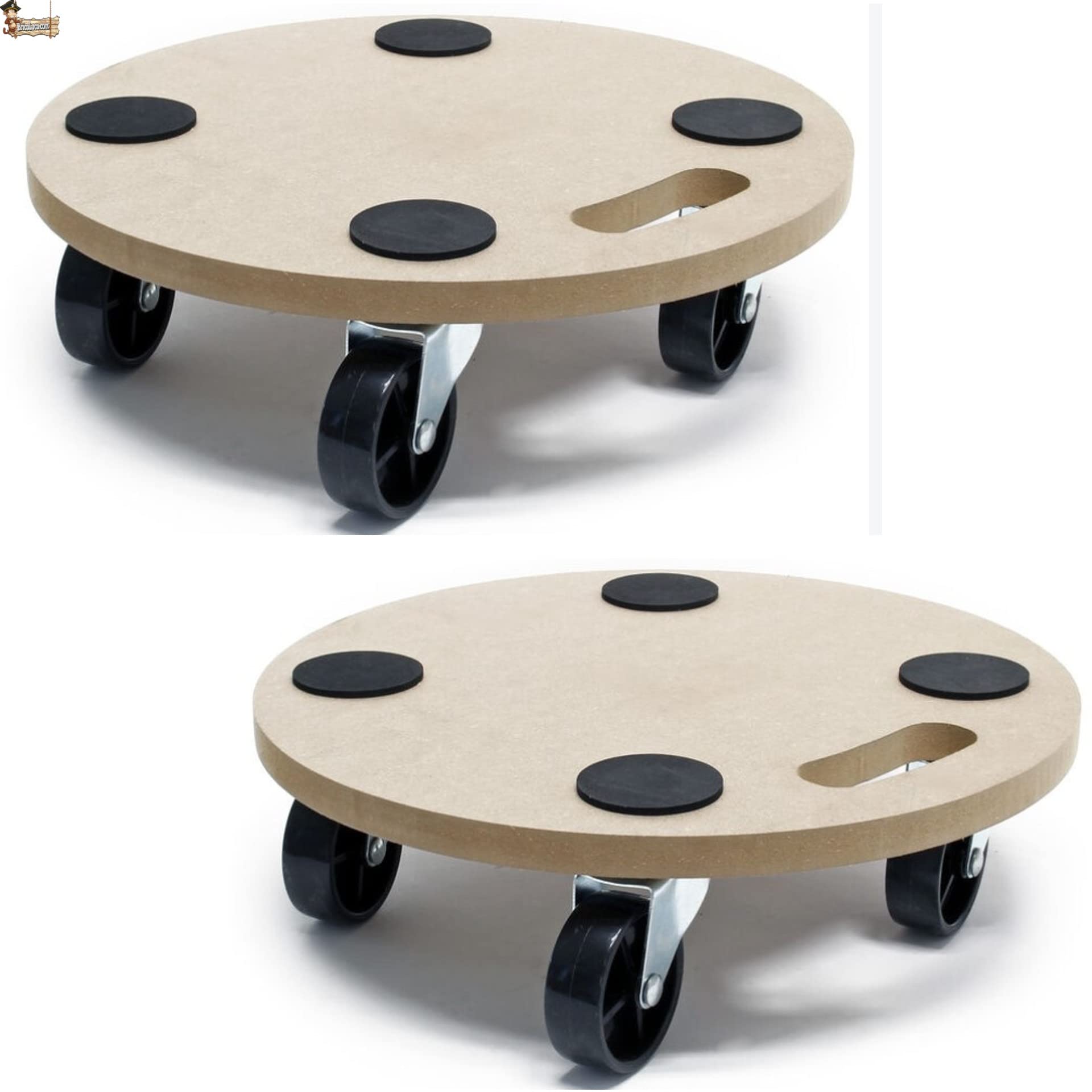 BricoLoco.com Plataforma Base con Ruedas giratorias 360º. Pack 2 uds. 38 cms. Carro Redondo rodante Soporte de Carga Porta macetas, tiestos, butano, Cajas, mudanza, Transporte. Tabla Madera DM (2)