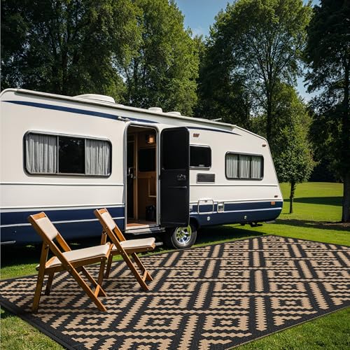 Image of GENIMO Outdoor Rug, Waterproof Plastic Rugs 10'x14' for Camping Black Brown | Outside Larger Modern Carpet Mat for Patio Decor, RV, Porch, Camper, Deck, Picnic, Beach, Backyard, Reversible, Foldable
