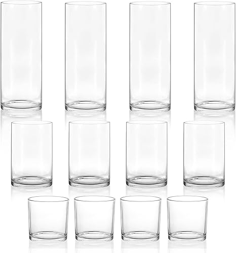 Paquete de 12 jarrones cilíndricos de vidrio, 4 de cada tamaño de 4, 8, 10 pulgadas de alto, multiusos portavelas flotantes, florero, perfecto como
