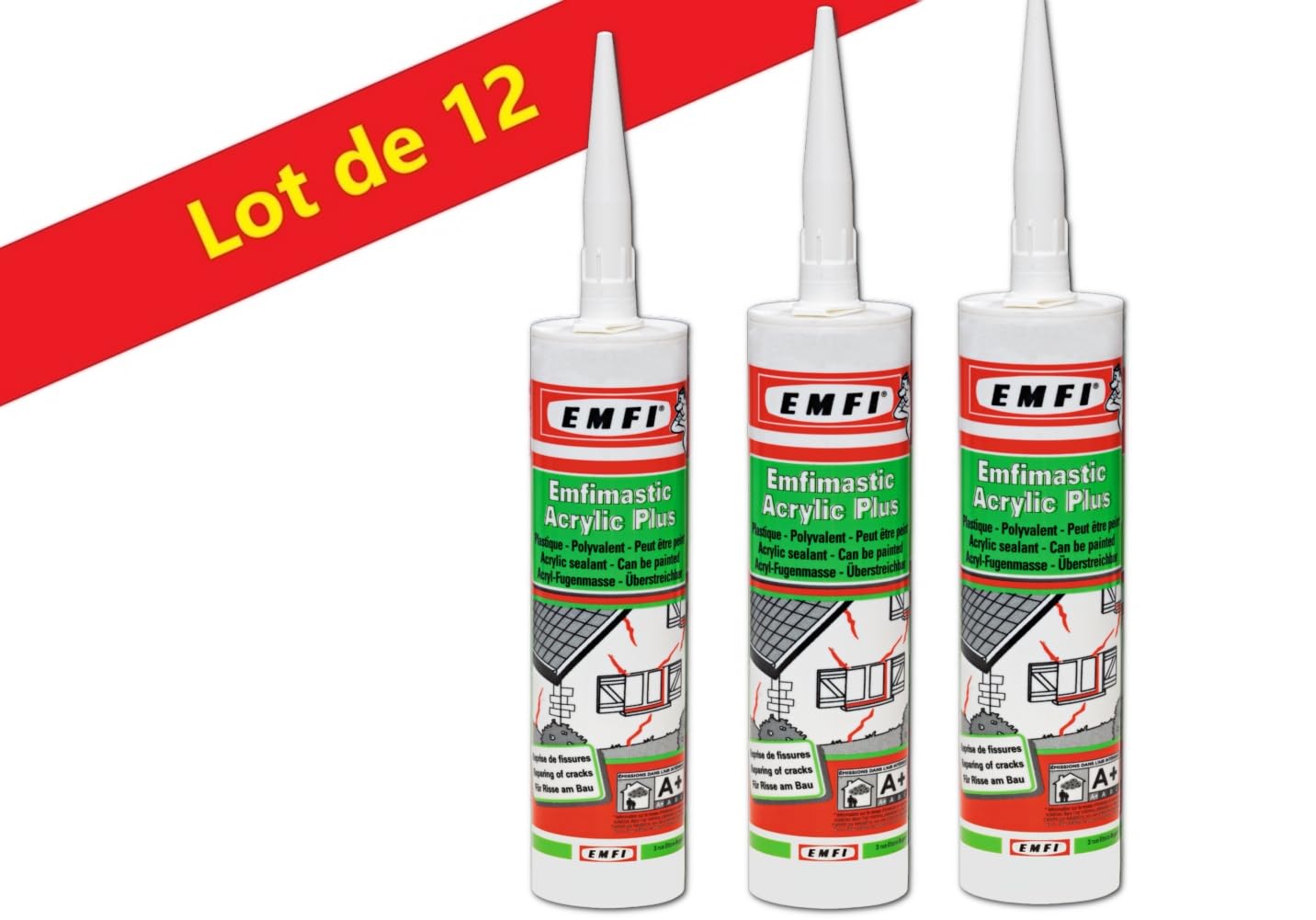 Lote de 12 masillas acrílicas blancas para juntas de rodapiés, para interior y exterior, se puede pintar. Fabricación francesa para MadeInNature (EMFIMASTIC Acrílico Plus).
