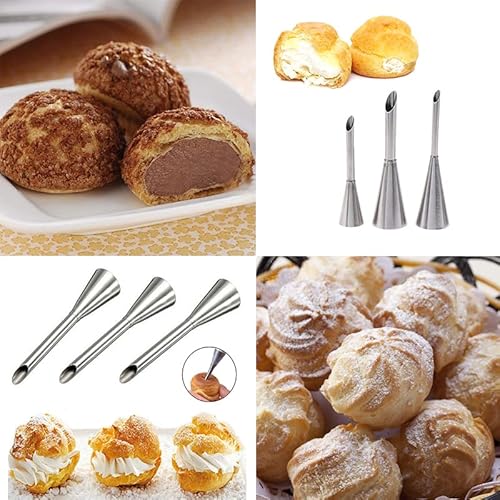 Hendiy 3Pcs/Set Puffs Piping Bag Nozzles,Professional Stainless Steel Cream Puff Long Nozzle Decorating Tool For Small Pastries, Puffs,Cakes (Silver) #TOP2
