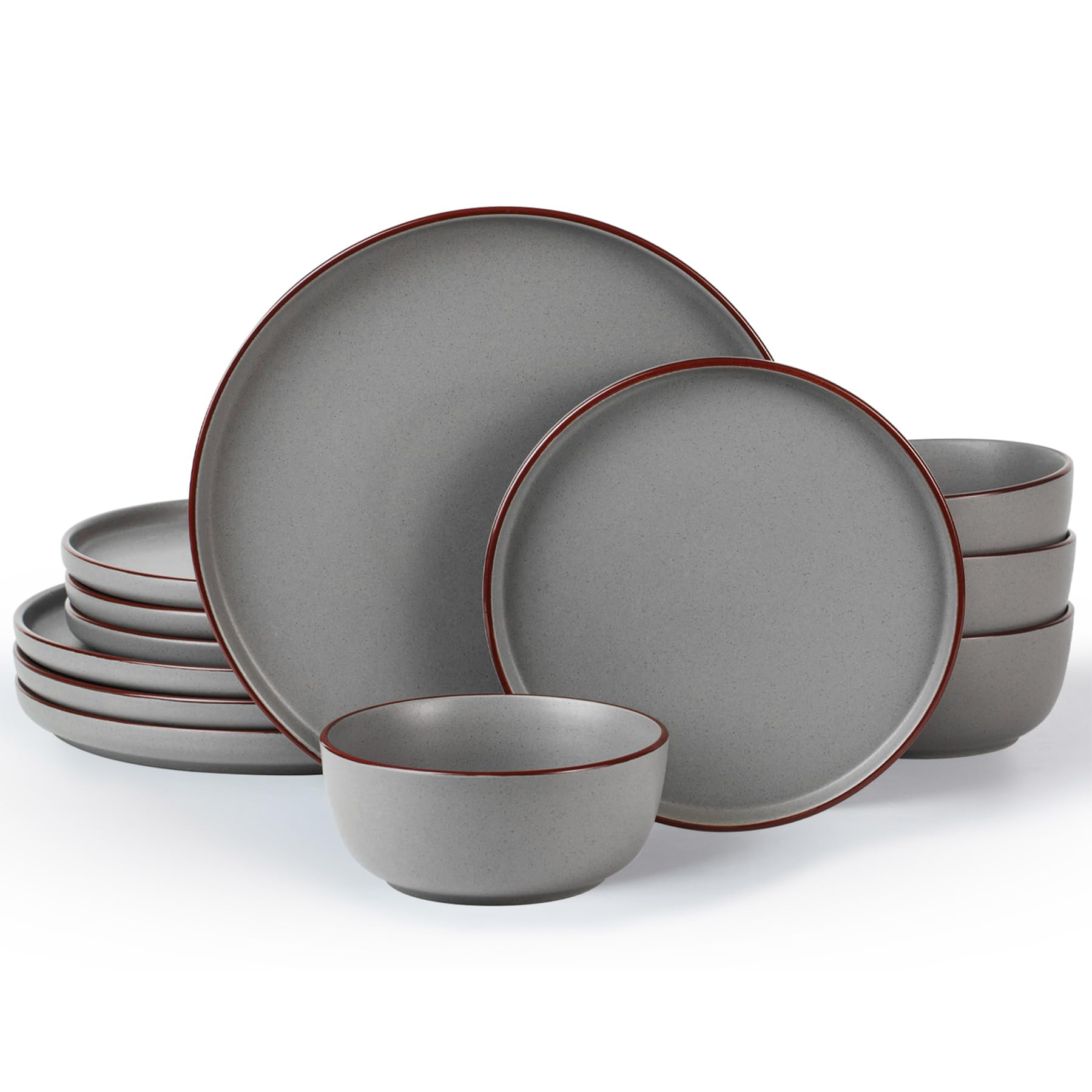Famiware Mercury Plates and Bowls Sets, 12 Pieces Stoneware Dinnerware Sets, Dishes Set for 4, Microwave and Dishwasher Safe, Dark Grey