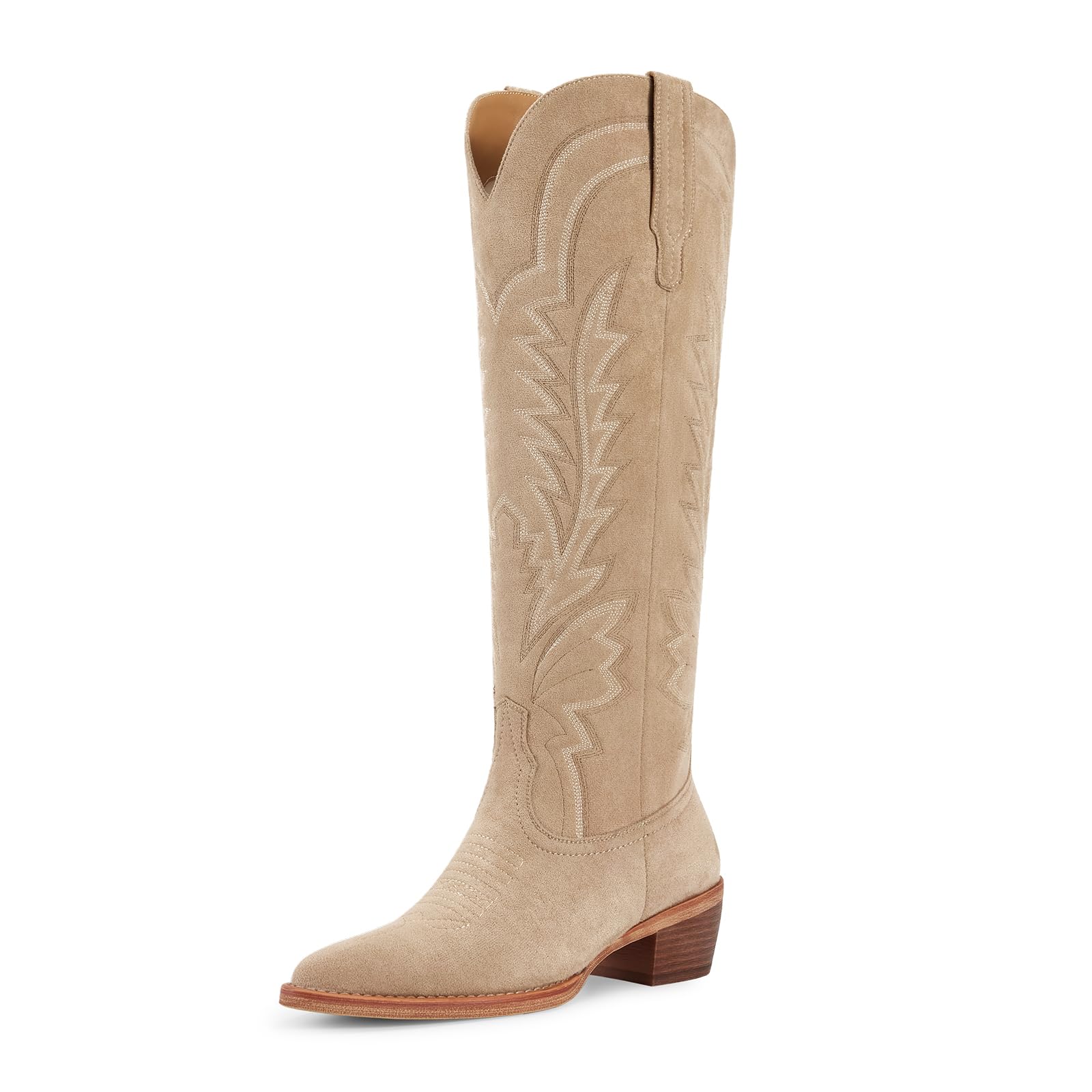 ISNOM Cowboy Boots for Women Knee High Cowgirl Boots with Classic Embroidered Pointed Toe Chunky Heel Pull On