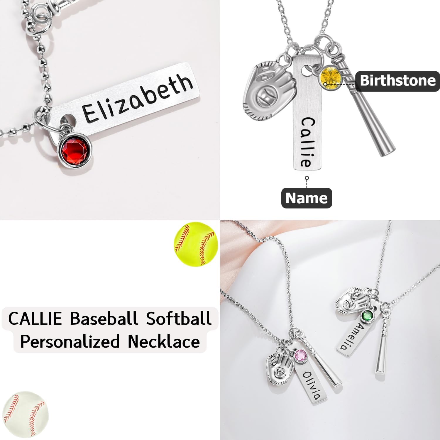CALLIE Personalized Necklace for Women, Baseball Softball Necklace with Birthstone and Name, Birthday Customized Gifts Personalized Jewelry Pendant for Daughter Mother Girlfriend