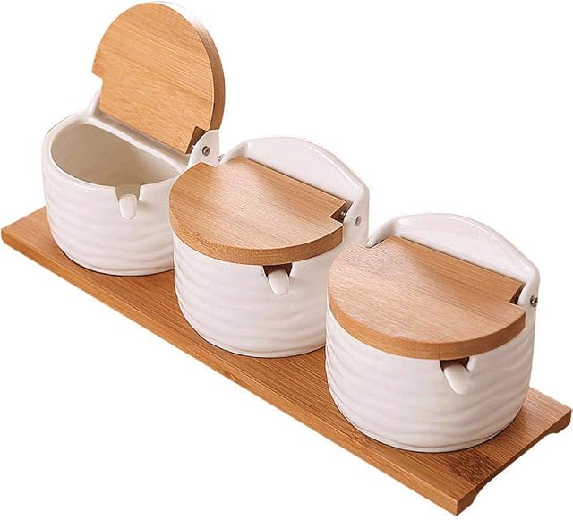 Kitchen Spice Jar, Ceramic Bowl with Bamboo Lids and Sugar Spoons Porcelain Condiment Container, Salt Seasoning Rack Spice Pots Seasoning Box for Home (Suit C)