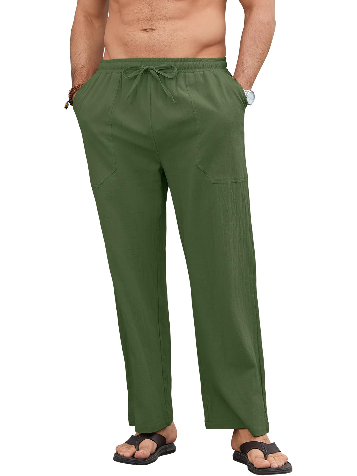 Pantalon Lino Hombre Pantalones de Verano Ligero Corte Holgado con Cintura Elástica y Cordón, con Bolsillos, para Playa, Vacaciones y Uso Diario
