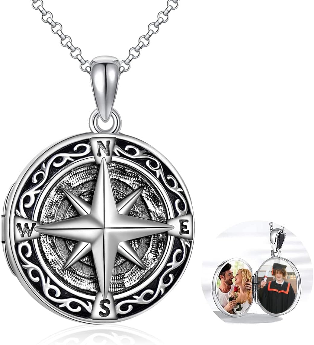 Compass Locket Necklace Holds Pictures Photo Keep Someone Near to You Custom Jewelry Personalized Locket Necklace for Men Women Boyfriend Son Adjustable Chain