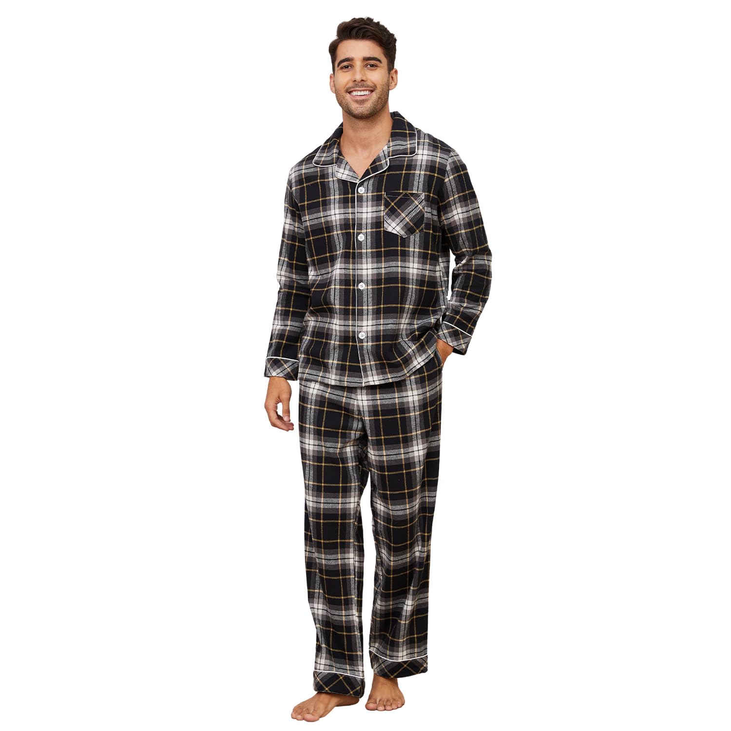 Vulcanodon Men 100% Cotton Pajama Set, Long Sleeve Flannel Pajama Sets Soft Woven Plaid 2 Piece Button Down Lounge Set