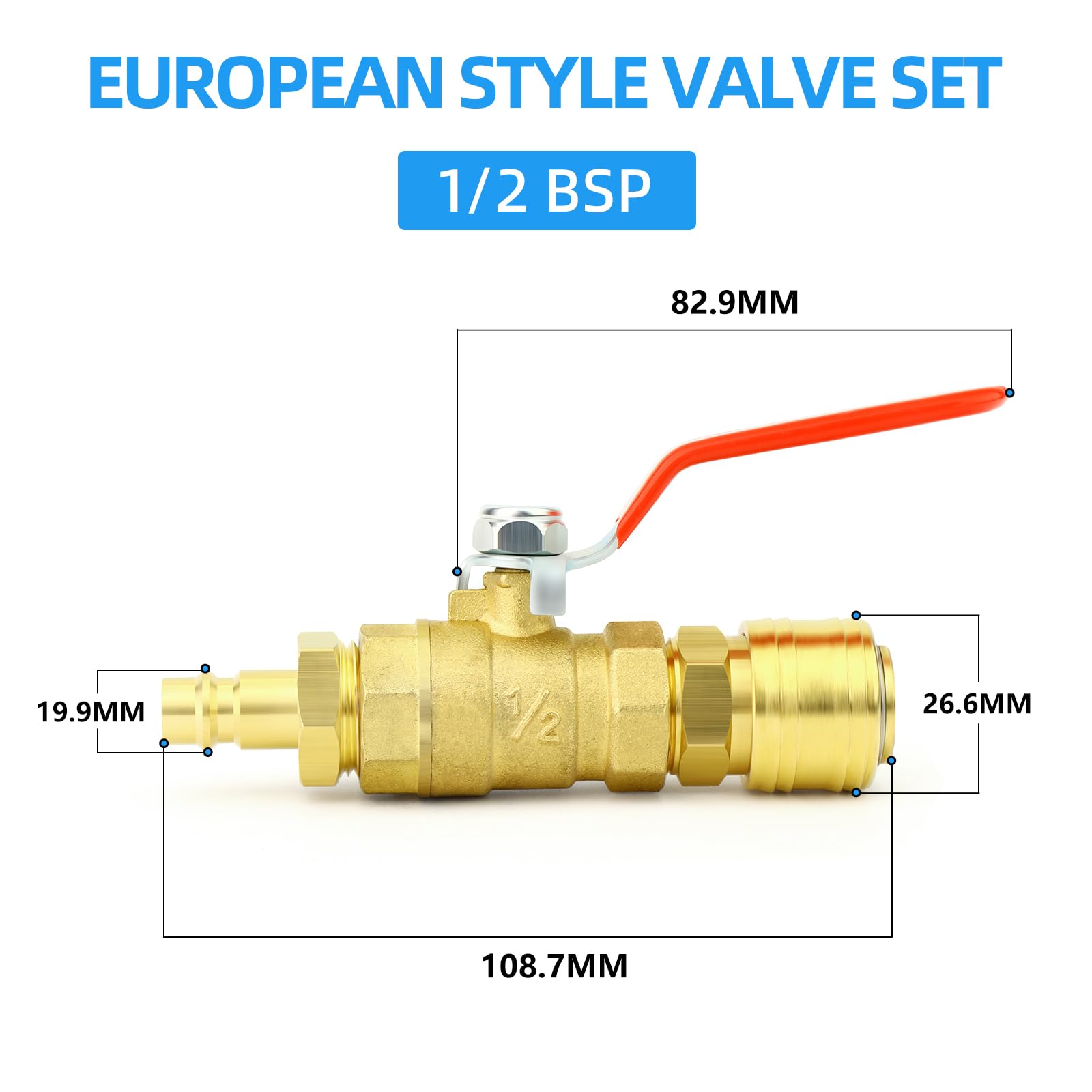 Zestaw 1 sztuki mosiężnego adaptera do zaworu kulowego, 1/2" x 1/2" BSP żeński i 1/2" BSP męski zawór odcinający do sprężarki powietrza, szybkie podłączenie wtyczki do systemów nawadniających