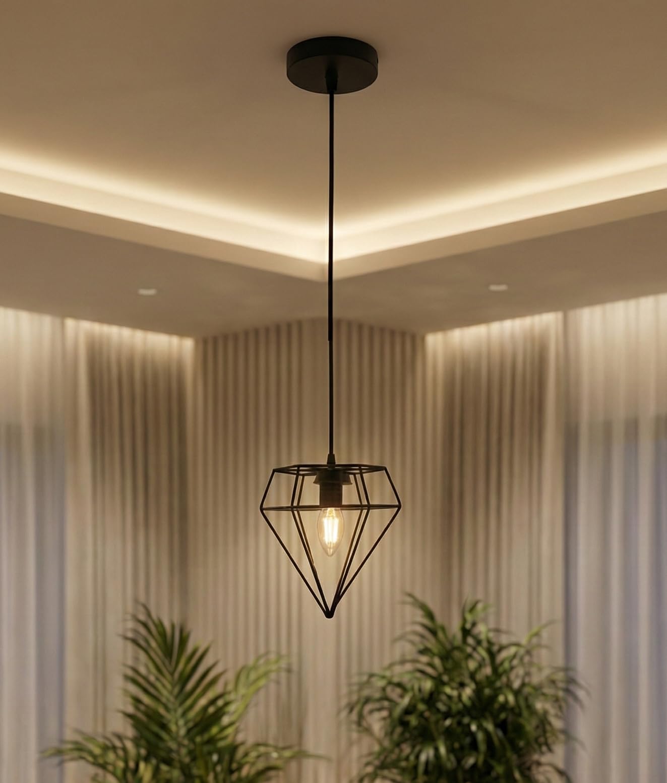 Black Diamond Hanging Light/Pendant Lamp with LED Bulb - Modern Ceiling Light for Living Room, Bedroom, Kitchen, Cafe & Restaurant (Metal, Black)-image-36