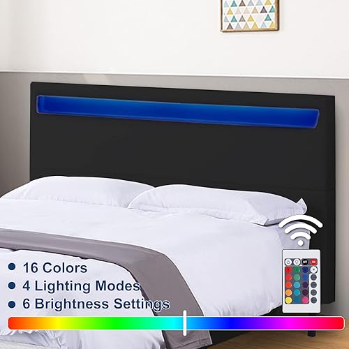 Miniatura 4 de LUSIMO Marco de cama LED tapizado tamaño Queen con cabecero moderno marco de cama tamaño Queen con 16 luces LED que cambian de color listones de