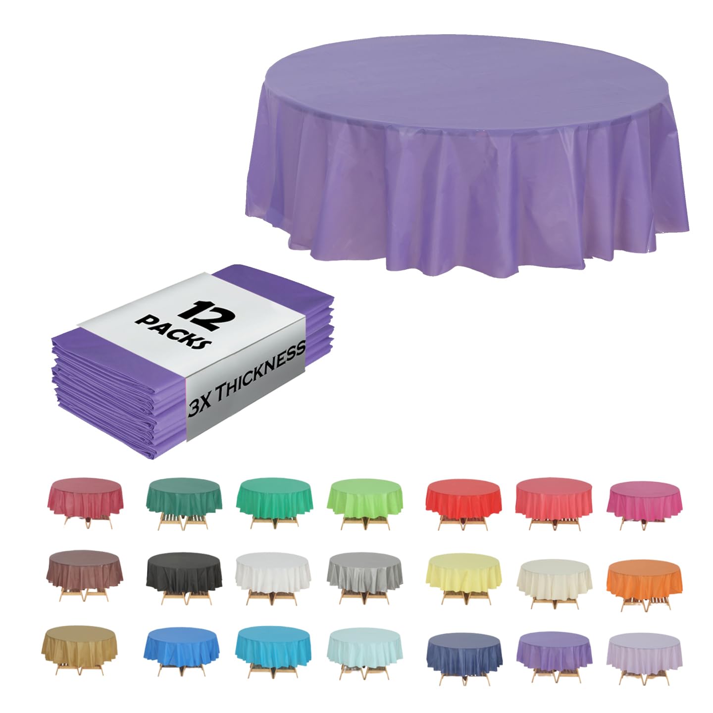 Evershine (12-Pack Heavy Duty Plastic Table Covers Tablecloth (Reusable) (Round 84", Purple)