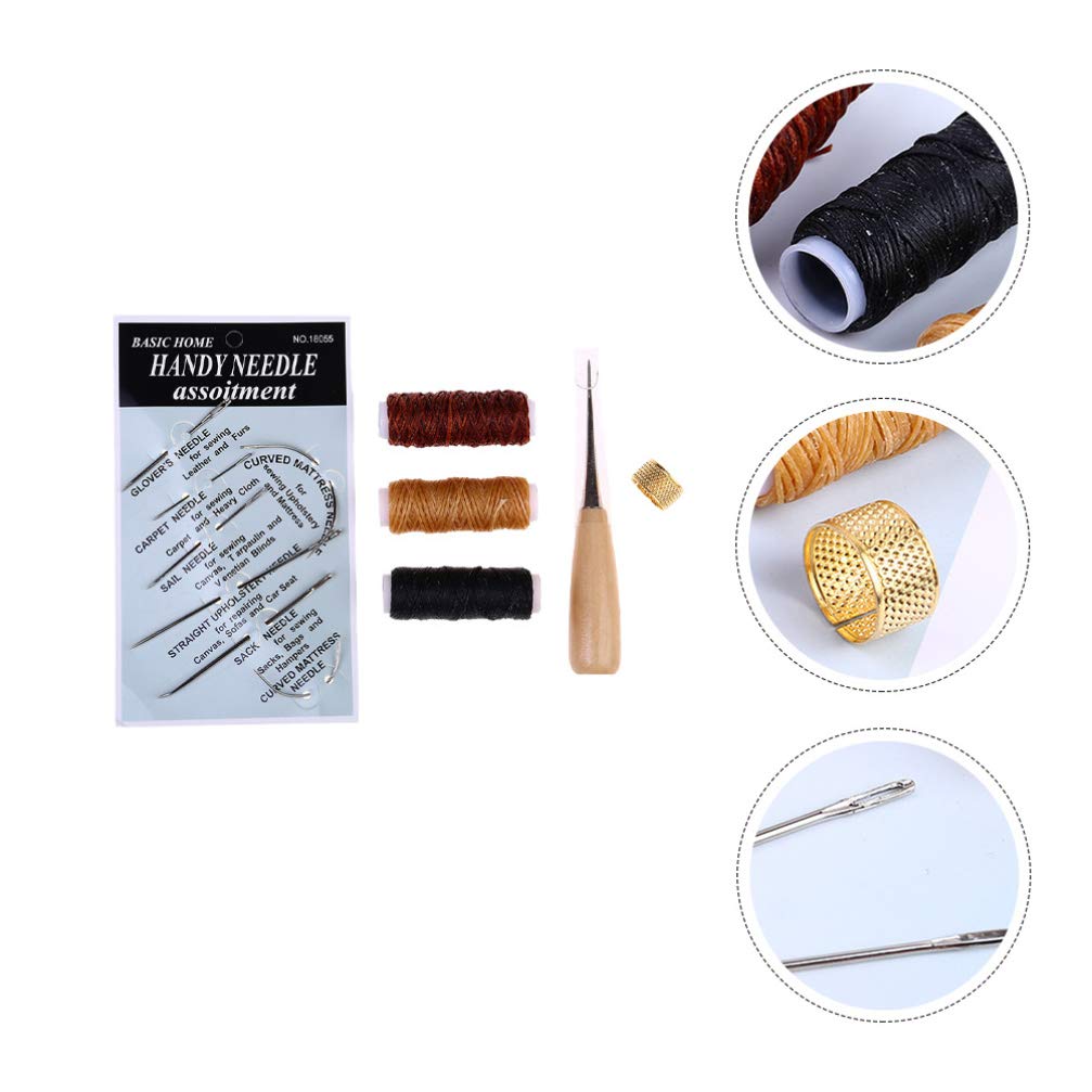 HEALLILY 12 Pcs/Set Leather Craft Sewing Kit with Copper Thimble Wax Threads Awl Needles Leather Working Tools for Leather Craft DIY Supplies 4