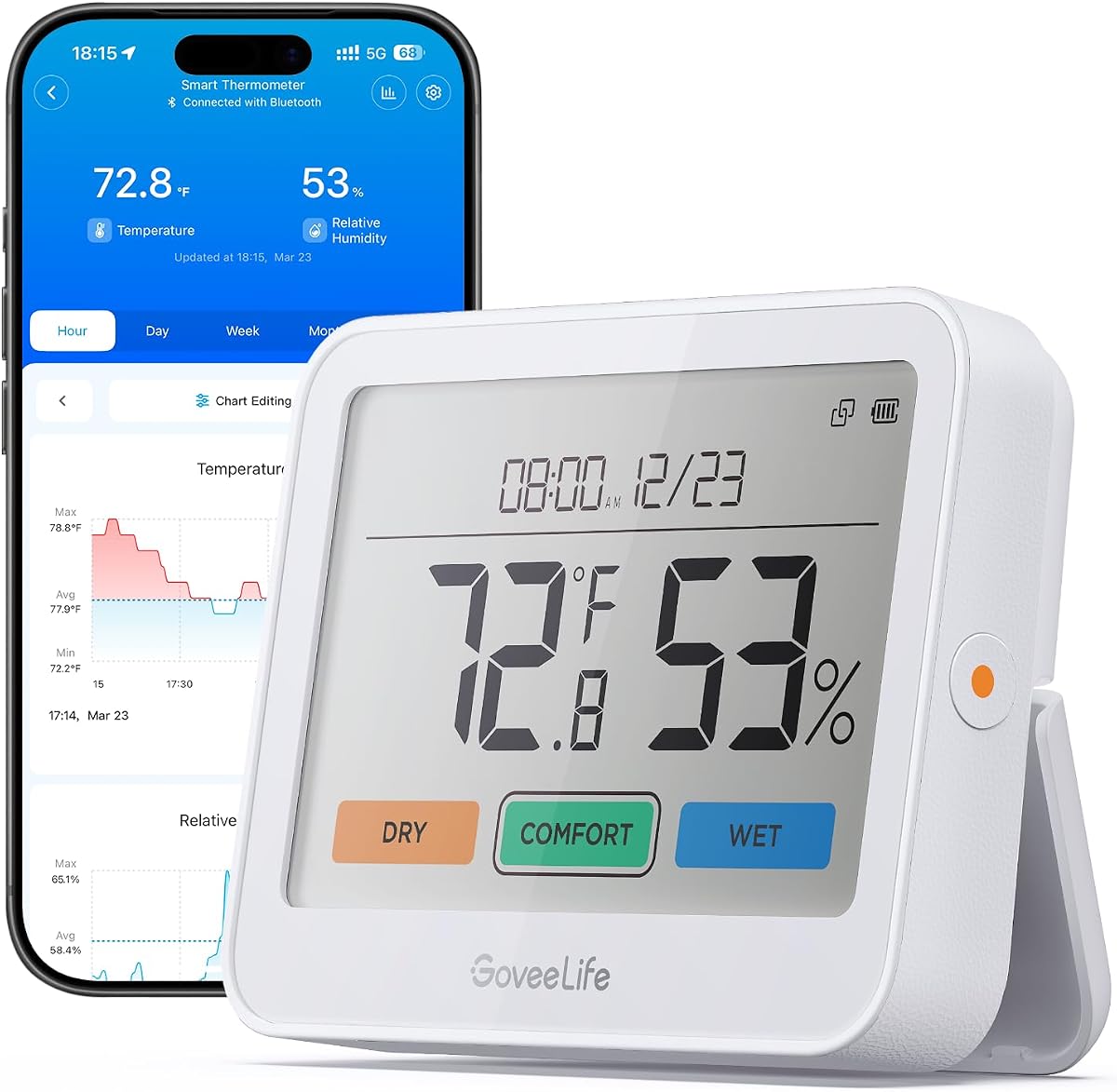 GoveeLife Bluetooth Thermometer Hygrometer H5220, Large LCD Display 1-Pack | Temperature and humidity monitor with weather station, remote sensor, indoor thermometer for home baby room greenhouse