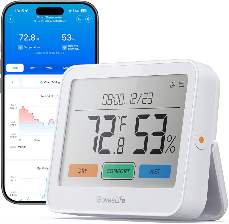 GoveeLife Bluetooth Thermometer Hygrometer H5220, Large LCD Display 1-Pack | Temperature and humidity monitor with weather station, remote sensor, indoor thermometer for home baby room greenhouse