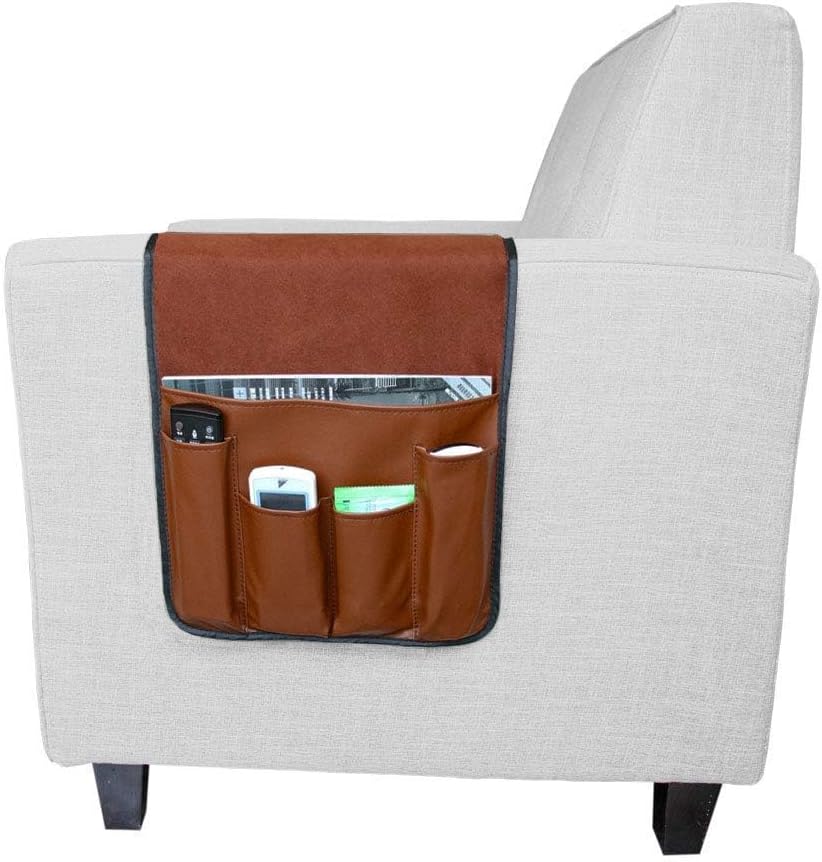 Double Layers Sofa Armrest Organizer Couch Remote Holder Armchair Recliner Bedside Caddy with 6 Pockets for Magazines, Books, TV Remote Control, Phone, Glasses (#A2-Brown(leather))