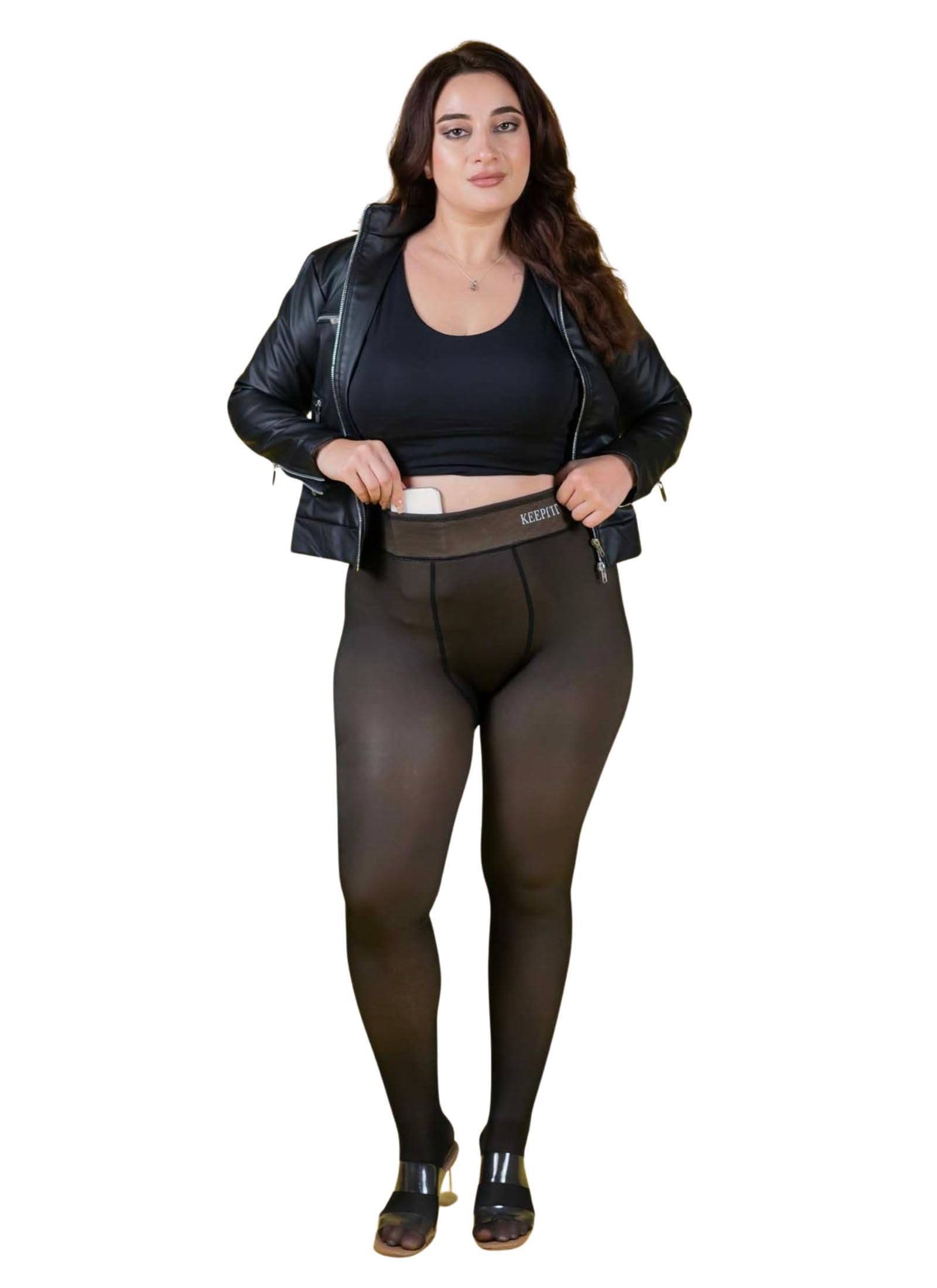 Plus Size with inner pocket nude look with dual tone sheer appearance fur warm stocking for women-image-48