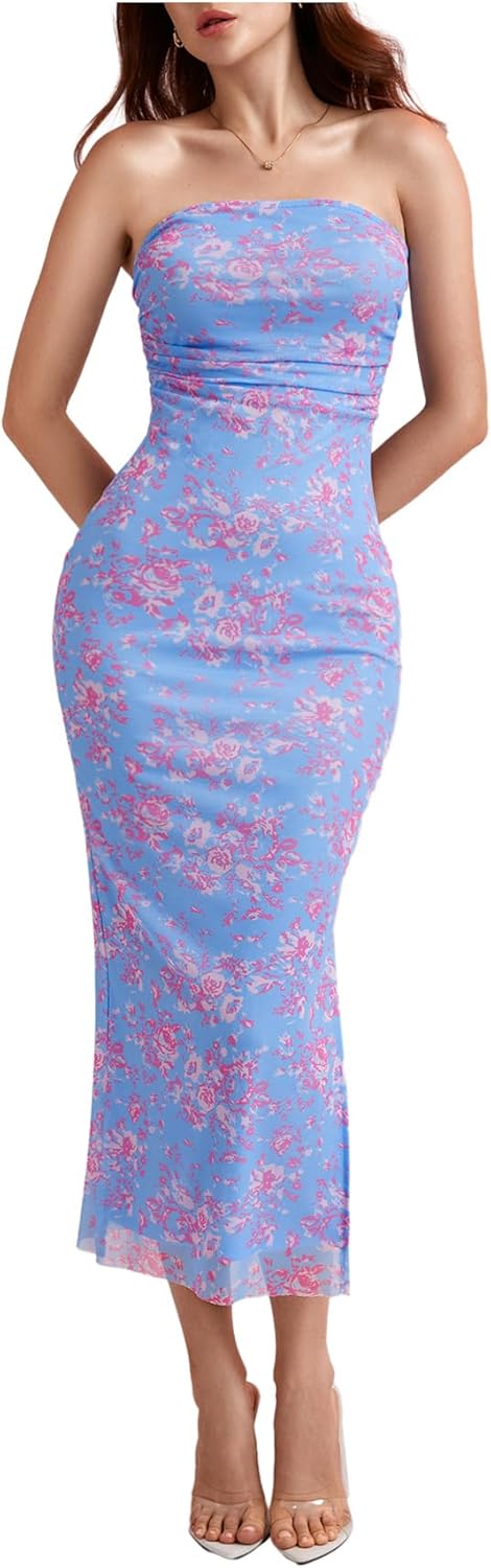 Milumia Women's 2026 Summer Floral Bodycon Maxi Dress Strapless Tube Top Long Dresses Wedding Guest Party Blue and Pink Medium