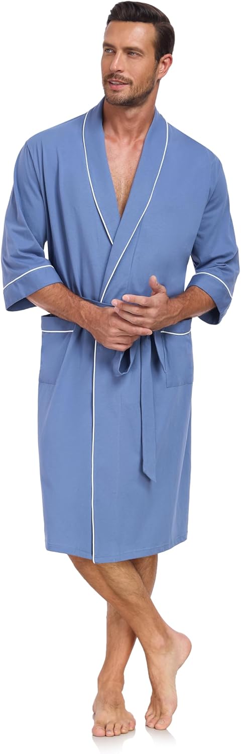 COLORFULLEAF 100% Cotton Men's Bathrobes Lightweight Soft Comfort Breathable Short Sleeve Knit Spa Robe with pockets - Image 6