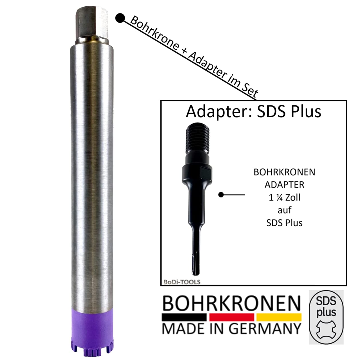 Corona diamantata Turbo con attacco da 1 1/4", trapano a nucleo bagnato e asciutto, segmentato con lunghezza utile di 400 mm, per calcestruzzo, cemento armato, Ø 62 mm e adattatore SDS Plus