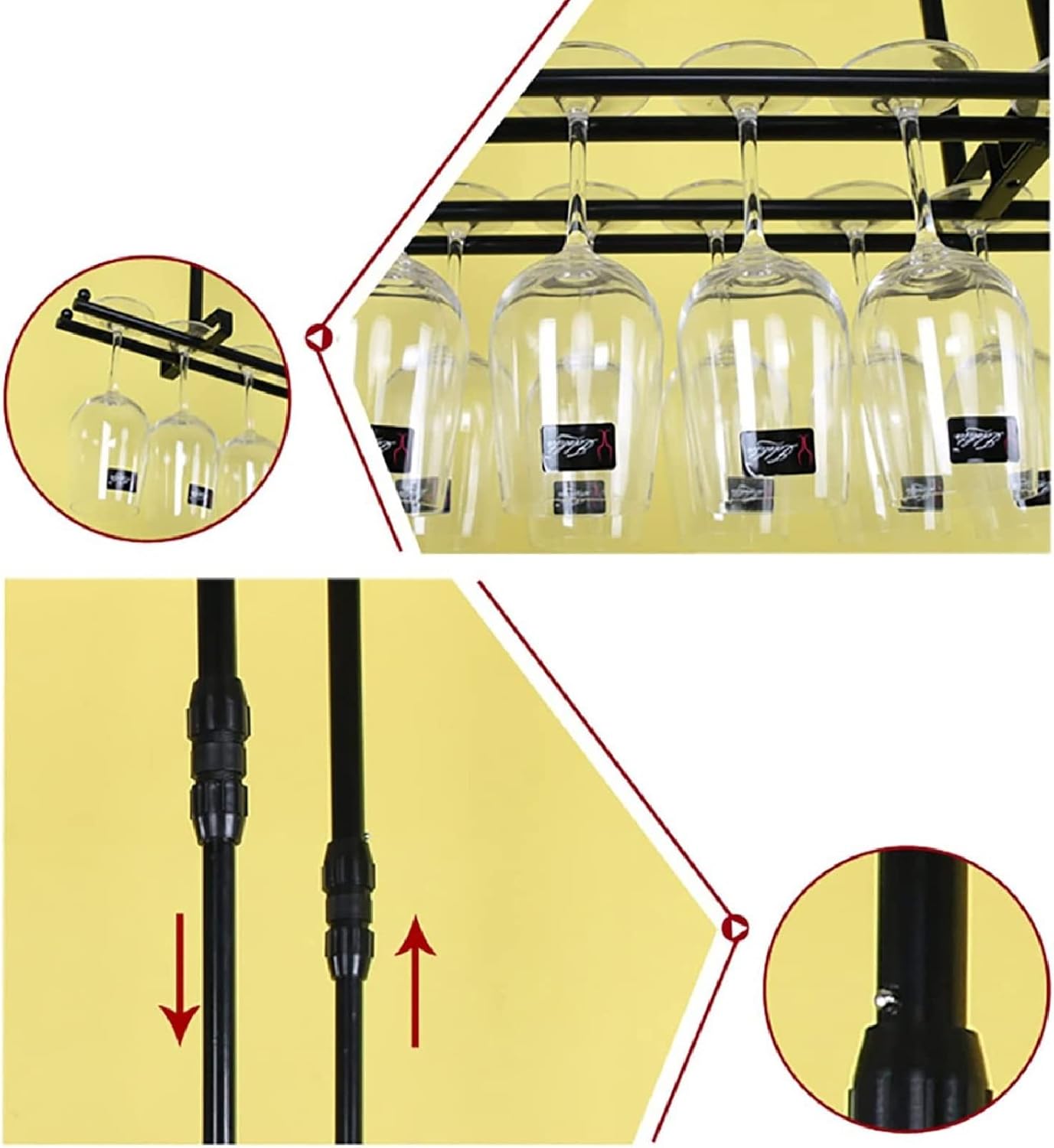 Hanging Wine Glass Holder Rustic Iron Wine Glass Rack,Ceiling Black Goblet Stemware Holder,Adjustable Height,Champagne Glass Shelf,for Bar Kitchen Restaurant