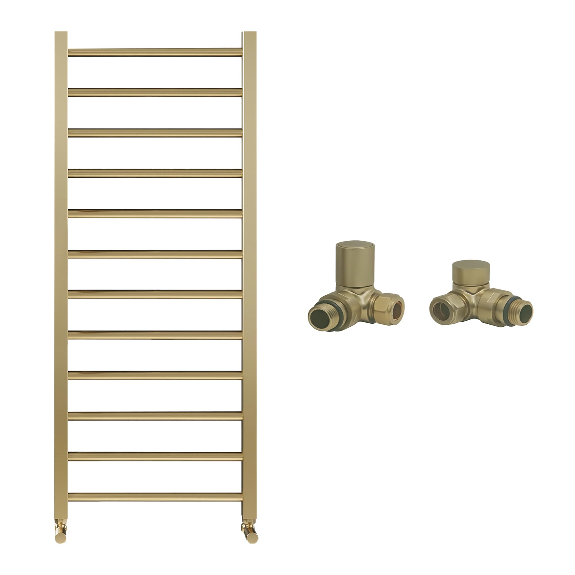The Home Store Brass Brushed Bathroom Straight Heated Towel Rail Radiator 500 X 1200 & Corner Manual Valves