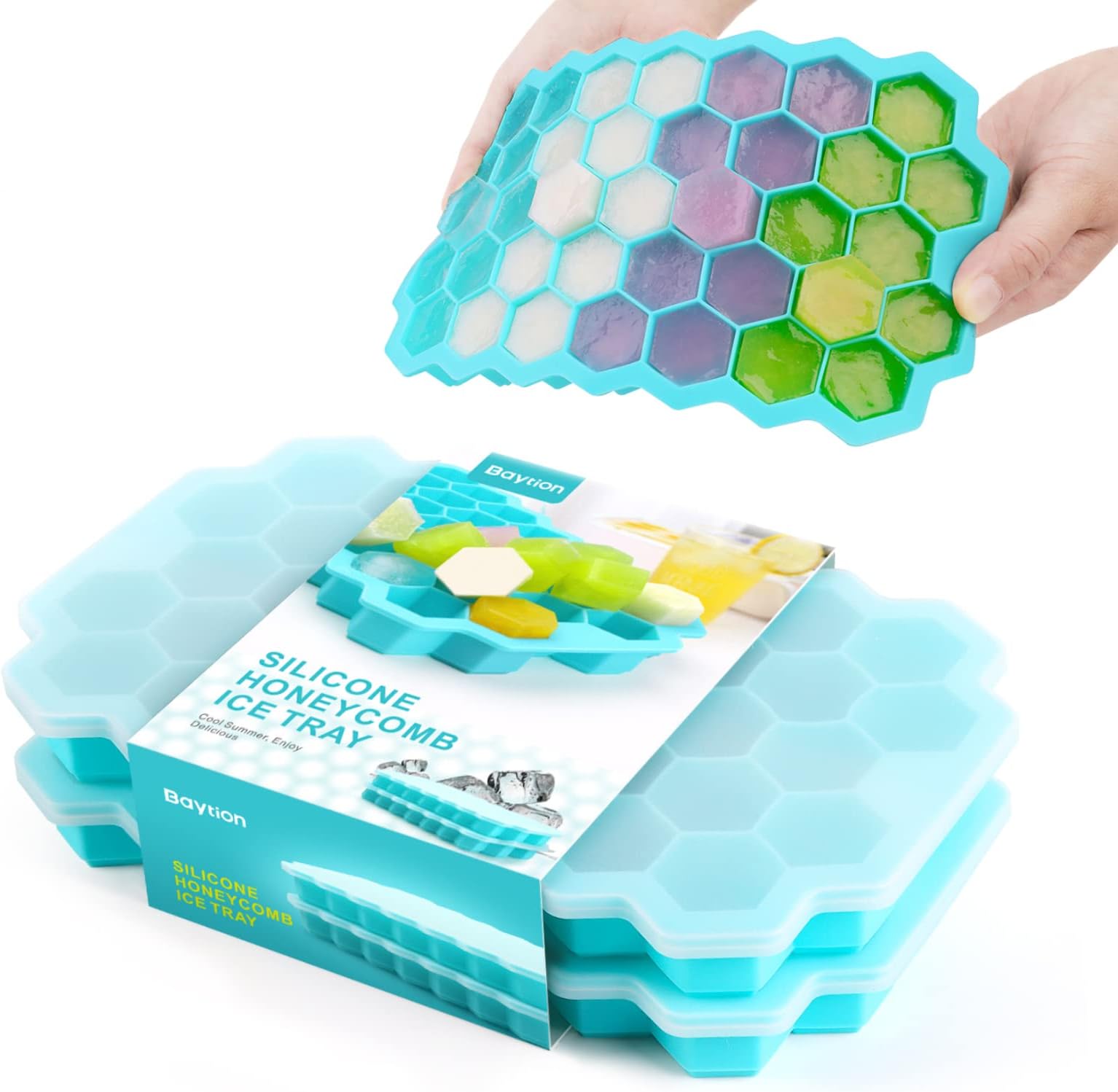 Baytion Ice Cube Trays 2 Pack, Silicone Ice Tray Molds with Removable Lid, 27 Honeycomb Ice Mold in Kitchen Gadgets, Easy-Release Ice Tray Tools For Pudding,Jelly, Cocktail and Chilled Drinks
