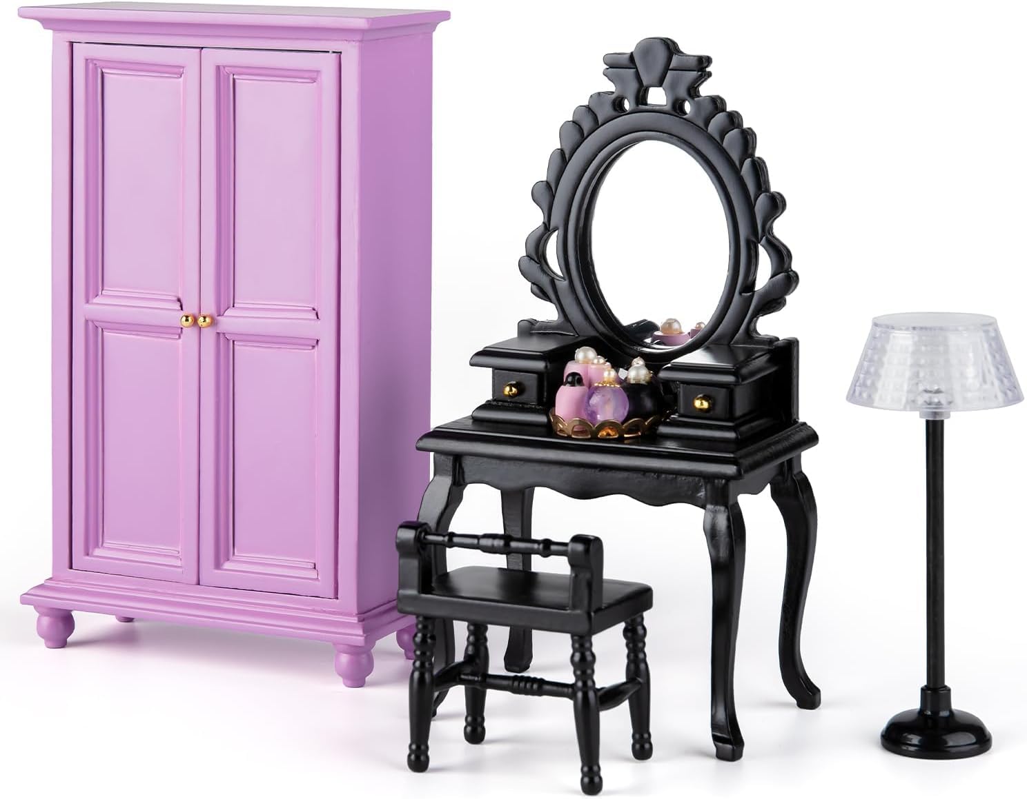 Minamzee 8Pcs 1:12 Dollhouse Bedroom Furniture Set Miniature Black Metal Bed with Bedding, Wooden Bedside Table, Lamp