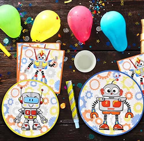 Robot Party Supplies Tableware Set 24 9" Paper Dinner Plates 24 7" Dessert Plate 24 9 Oz. Cups 24 Luncheon Napkins For Robots Gears Birthday Boys Girls Disposable Dinnerware Decorations Multicolor #TOP7