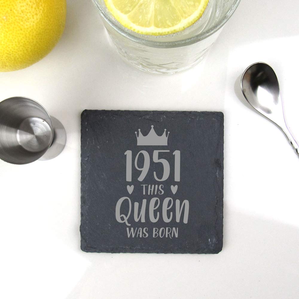 eBuyGB Drinks Mat, Placemat Engraved Square Coaster-1951 This Queen was Born Design-70th Women, Her-Seventieth Birthday Gift for Mum, Slate