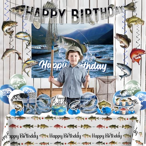 Image of 219Pcs cocomigo Fishing Birthday Party Decorations Tableware Set, 25 Serves