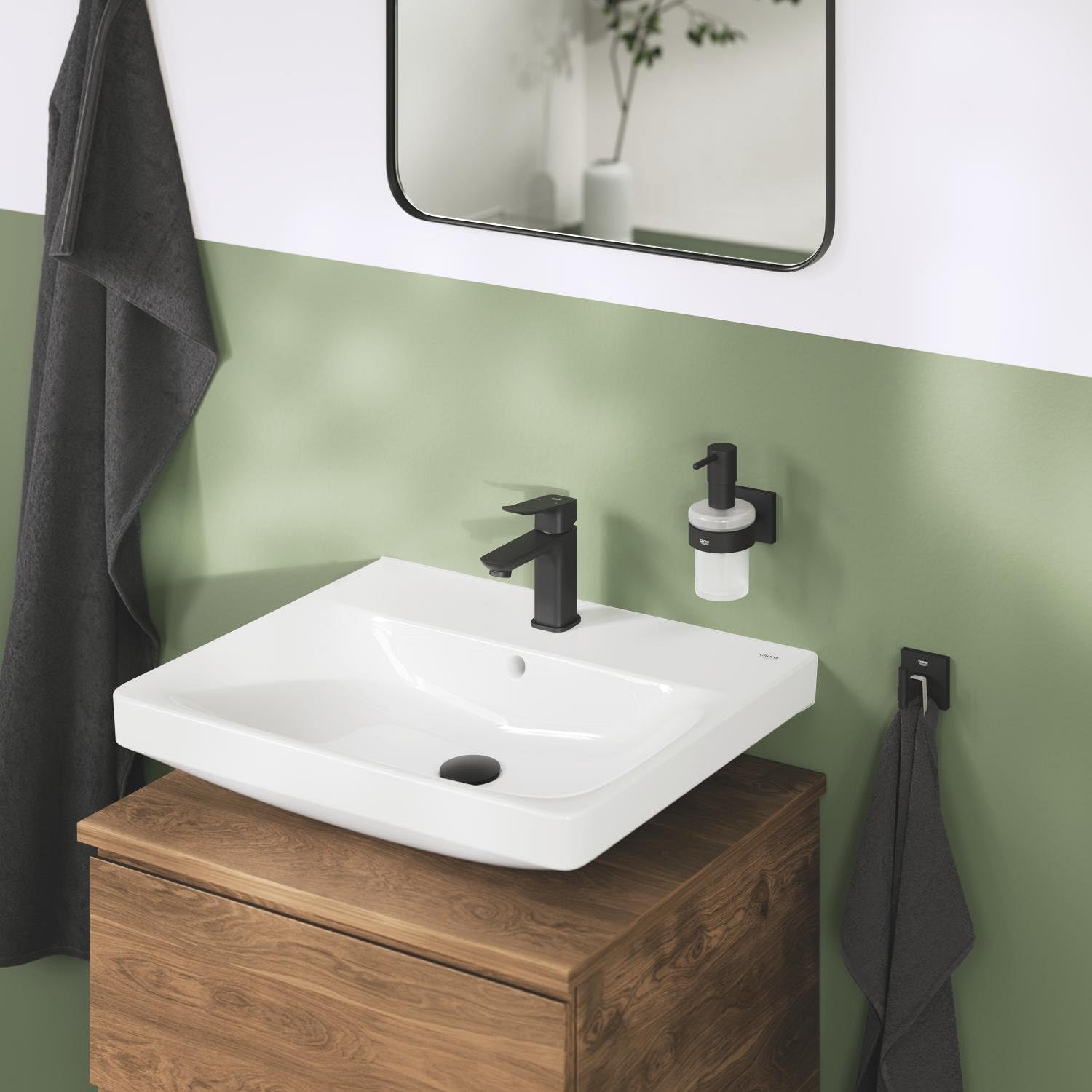 GROHE Dice Mitigeur monocommande Lavabo Taille S (Robinet pour Lavabo de Salle de bain, Avec bonde clic clac, facile à installer avec QuickTool inclus, Economie d'eau), Noir Mat, 1018572430