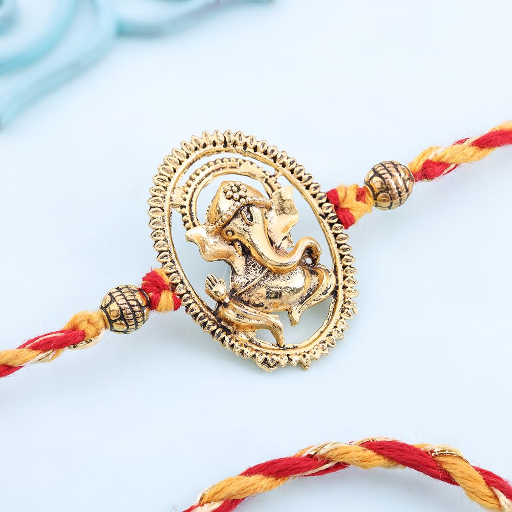 Floweraura Raksha Bandhan Celebrations Handcrafted Traditional Vignaharta Zari Rakhi - Rakhi Set for Brother | Bhai | Kids | Boy | Cousins | Rakshabandhan Gift Set