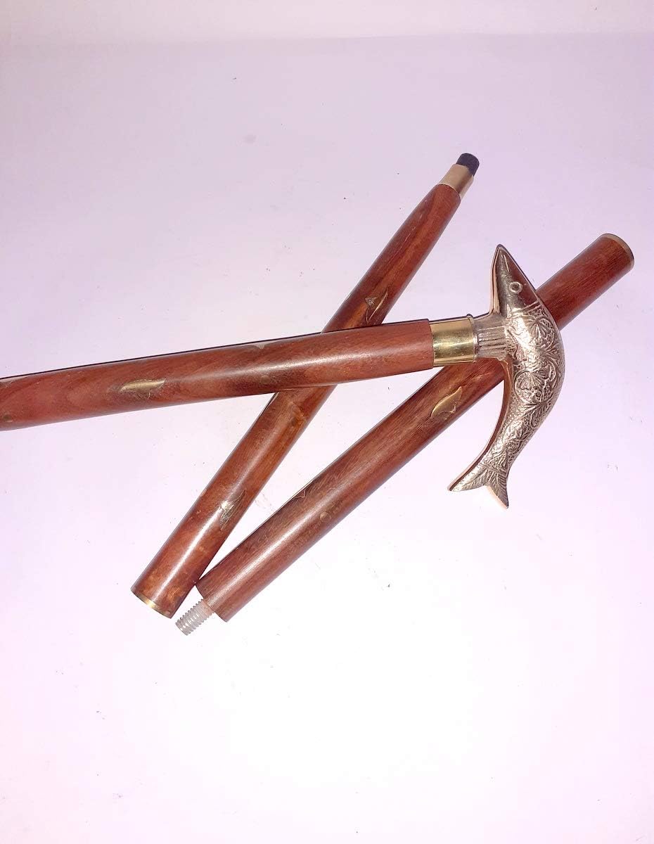 Golden & Brown Fish Wooden Walking Stick Cane with Brass HandleWOODEN Stick Length: 36 to 37" inch (3 Wooden Section)