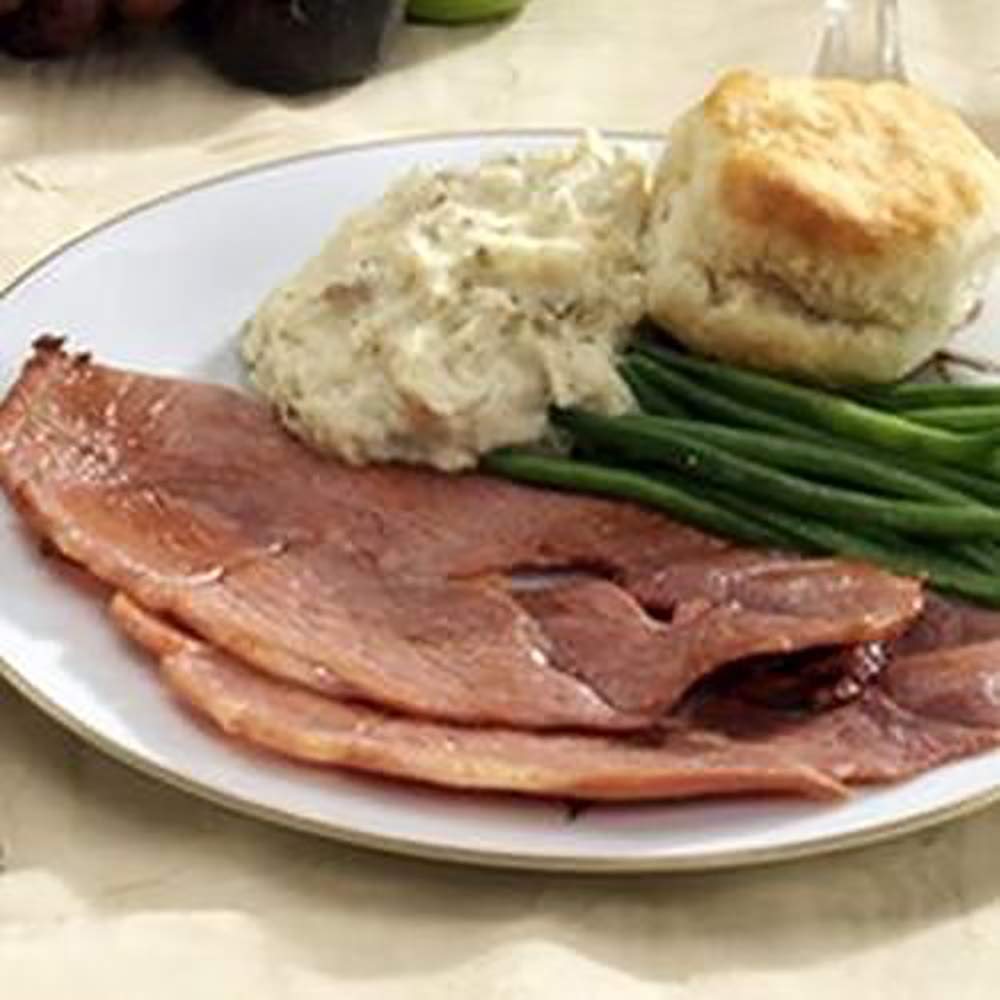 Julia's Pantry Premium 1# Hickory Smoked Country Ham Center Steak, 10oz Breakfast Steaks, 1# Seasoning Pieces and Cornbread Mix