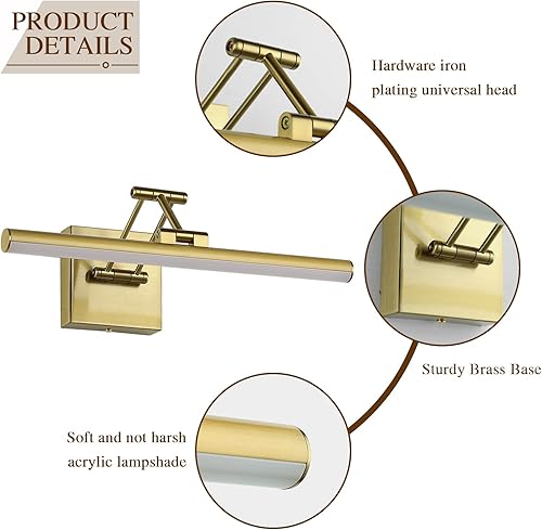Miniatura 5 de Joossnwell Luces LED para pinturas regulables de 15.5 pulgadas de largo con cable duro para marco de fotos de latón con brazo oscilante ajustable,